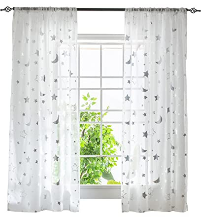 ESLIR Gardinen mit Tunnelzug Transparente Vorhänge Voile Fensterschal Modern Mond und Sterne Muster Wohnzimmer Kinderzimmer 1 Stück BxH 140x225cm Silber