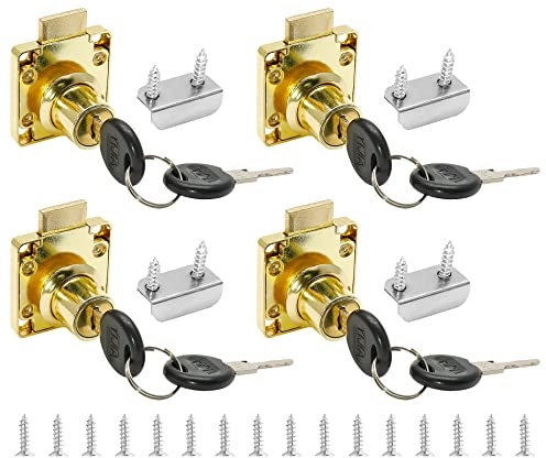 Jiozermi 4 Packs Drawer Lock with Keys, Desktop Lock with 0.84/22mm Length Cylinder Cam for Drawer Cabinet Wardrobe Office Desk Letter Box, Gold