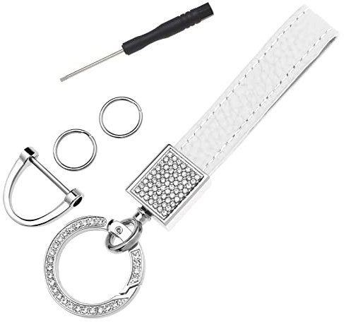 OTOTEC Auto Schlüsselanhänger Leder Universal Schlüsselanhänger mit Glitzer Strass mit Schraubendreher Auto Zubehör, Weiß