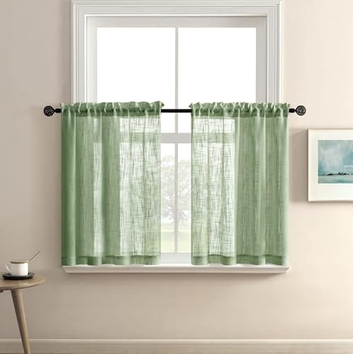 XTMYI - Tende in lino verde salvia con texture, filtranti la luce, per privacy, semi trasparenti, con passante per asta, tende corte per piccoli ambienti, accessori per cucina, decorazione boho, per