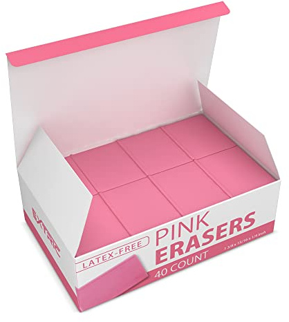 Pink Erasers, 40 Count, Latex Free Eraser for Kids, Square Eraser, Erasers Bulk for School Supplies, Art, and Office Use