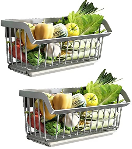 Obst- Und Gemüseregal Aus Rostfreiem Stahl 304, Wandhalterung Zur Aufbewahrung Von Gemüse In Der Küche, 2-stöckiger Obstkorb, Arbeitsplatte/Wandmontage Obst- und Gemüseregal(Silver,39x20.5x17.5cm)