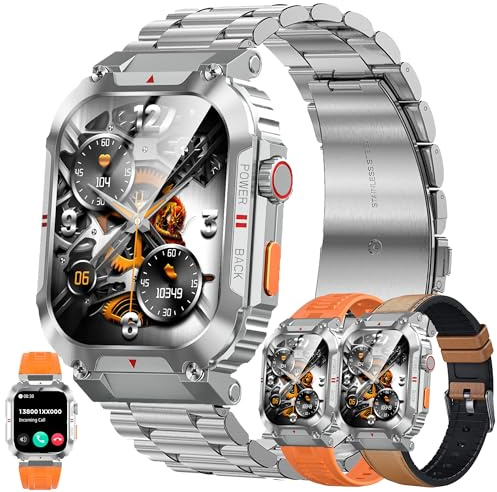 Smartklocka Mäns Smart Watch med Samtal, Vattentät Smart Watch Sport Stegräknare Hjärtfrekvensmätare Blodtrycksmätare Armband Aktivitet 2,02 Cal Digital Klocka för IOS Android (Silver)