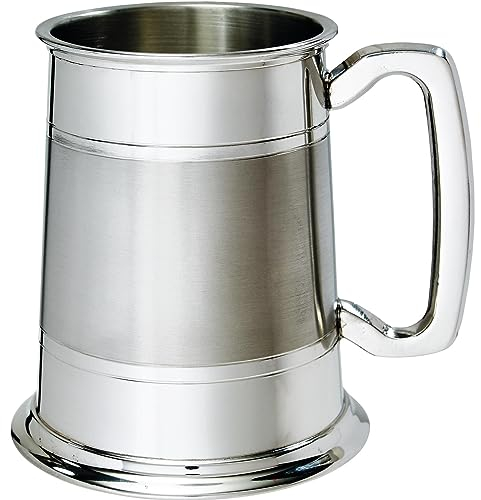 Zinn 1 Pint Altes London Geformt Doppelte Linien Satinband Quadratischer Griff Rein Schwer Messgerät Bier Krug Möglich für Gravur Personalisierte Geschenke für Männer und Frauen