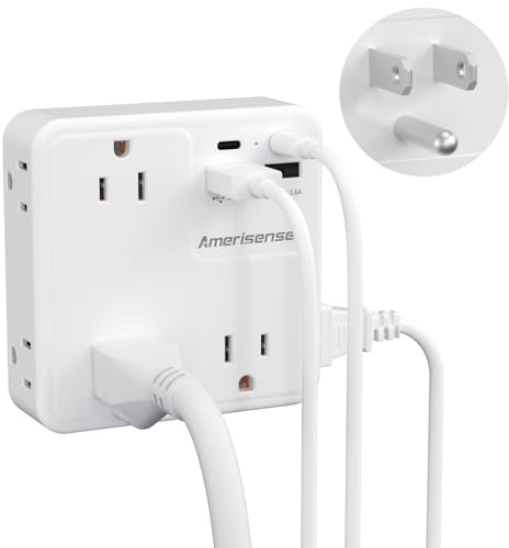 Multi Plug Outlet Extender with USB, Amerisense Wall Charger with 6 AC Outlets & 4 USB Ports (2 Type-C & 2 Type A Ports), 3-Sided Power Strip Multiple Outlets for Home, Kitchen, Office, Cruise Ship
