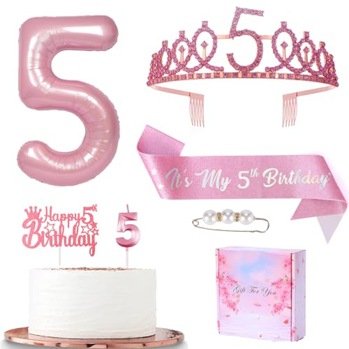Pink 5th Birthday Decorations - Sash, Tiara, Crown, Candle Cake Topper & Foil Balloon Set