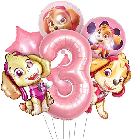 Hund Patrol Geburtstag Deko, Luftballon 3. Geburtstag Rosa, 7pcs Dog Patrol Ballons, Geburtstagsdeko 3 Jahre Mädchen, Kindergeburtstag Deko Set mit Sky Folienballons, Nummer 3 Heliumballon
