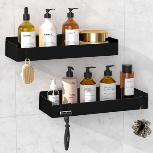 Wisfame Duschablage Ohne Bohren, 2 Stück Rostfreie Badezimmer Organizer, 30cm Duschregal mit 8 Haken, Shampoo Halterung für Dusche, Matt Schwarz Metall Duschkorb