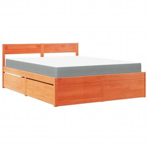 vidaXL Bett, Bettgestell mit Schubladen Taschenfederkernmatratze, Holzbett für Schlafzimmer, Doppelbett, Wachsbraun 140x200cm Massivholz Kiefer
