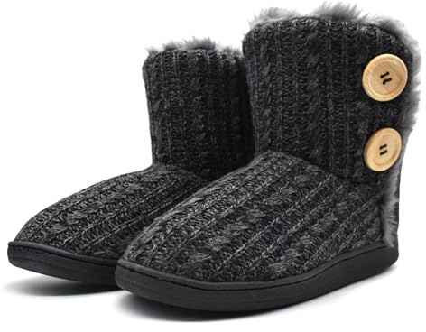KuaiLu Womens Slipper Boots Knitted Winter Warm Comfy Memory Foam Ladies Bootie Slippers Women Comfort fluff Plush Faux Fur Lined Bedroom House Ankle Slippers Indoor Outdoor Rubber Sole