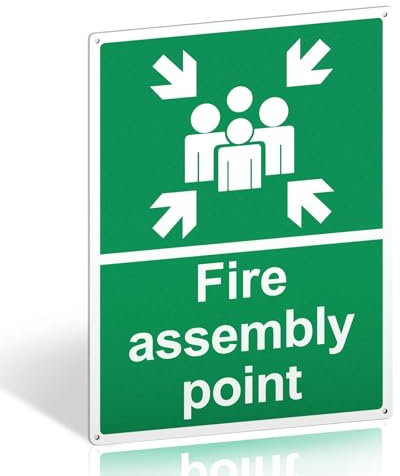 Fire Assembly Point Sign Outdoor - 400 x 300mm - 1mm Rigid Plastic Fire Safety Signs with 4 Pre-Drilled Holes and Self-adhesive Backing - Ideal Safety Fire Assembly Point
