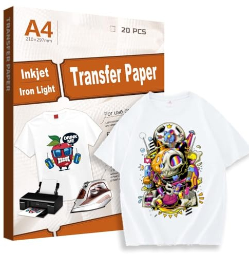 Creatorally Inkjet Transferpapier für Helle T-Shirts, Transferfolie für Weiß Stoffe Textilien, Bügelfolie A4 zum Tintenstrahldrucker und Laserdrucker (20 Blatt, Standard)
