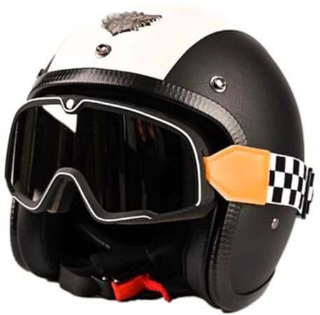 OZXDKJ PU Leder Mit Schutzbrille Motorradhelm, Vintage Motorrad Herren Damen 3/4 Helm, Open Face Helme, Motorrad Halbhelme, DOT/ECE-Zugelassen Offener Motorrad Helm, Helme Für Chopper Scooter Moped