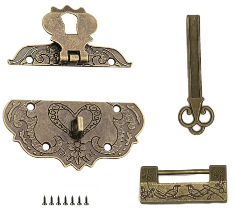 LONGHAO 2 pcs Vintage Design Embossing Latch Haspe Vintage Antik-Verschlüsse Antike Vorhängeschloss Latch Hasp Antike Beschläge Set Möbel-Verschlüsse,mit Schrauben,für Holz Schublade Box (Bronze)