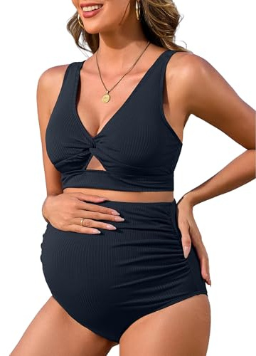 Charmo Women Maternity 2 Piece Bikini Set Ribbed Cutout Pregnancy Bathing Suit with Adjustable Straps Wine Navy M