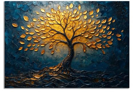 XENIOU quadro albero della vita Albero delle foglie d'oro quadro albero della vita, decorazione da parete, per soggiorno, camera da letto, appartamento. blu, io-70x100cm Non incorniciato