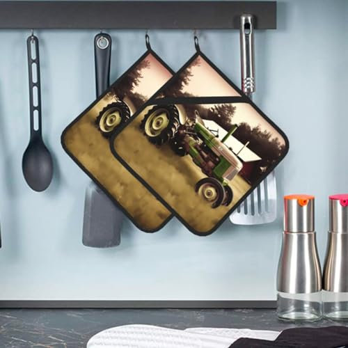 Topflappen, Motiv: alter Traktor, Foto, Bauernhof, hitzebeständig, mit Tasche, maschinenwaschbar, Ofenhandschuhe, Topflappen, Untersetzer zum Kochen, Backen, Grillen, 20,3 x 20,3 cm, 2 Stück