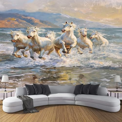 Papel Pintado Pared Caballo Blanco Fotomurales 3D Tv Fondo Pared Moderno Dormitorio Murales, 200x140cm - 4 partes Fotografía, Caballo Corriendo