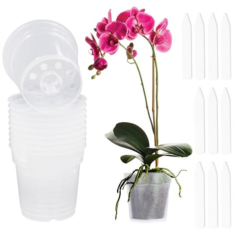 alwaiiz 10 pièces Pot Orchidée, Plastique Pot de Fleur Transparent avec Trou de Drainage et 10 Étiquettes pour Plantes, pour Orchidées Convient pour l'intérieur et l'extérieur