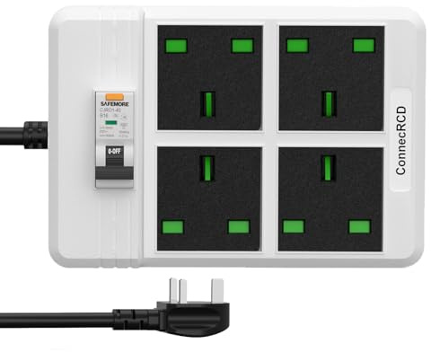 ConnecRCD RCD Extension Lead with 4 Gang Outlets,13A Heavy Duty Cord, 3M | Heavy Duty Extension Lead with 30mA RCBO Leakage, Overload and Short Circuit Protection, for Home/Workshop/Garage/Indoor