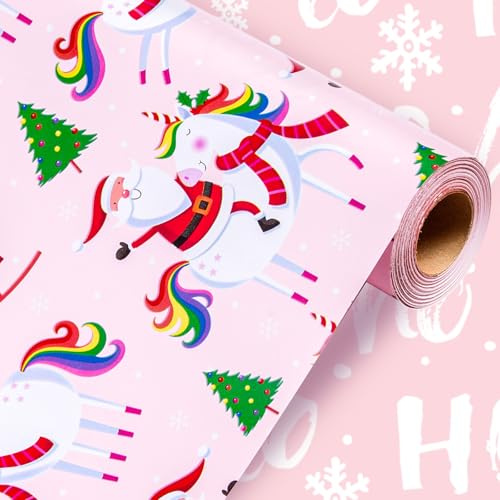 Wikadlik Weihnachts Geschenkpapier Minirolle Pink mit rotem Weihnachtsmann, buntem Einhorn und HO Schriftzug für Weihnachten, Feiertage und festliche Anlässe – 43cm x 10m