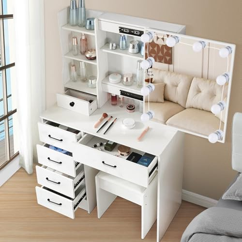 Dradaomull Sminkbord med justerbar LED-belysning, toalettbord med spegel, för modernt sovrum, vit, 131 x 80 x 36 cm (56)