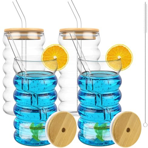VAVPUP Juego de 13 Vasos Acanalados con Pajita y Tapa, 500 ml, Boca Ancha, Elegante Cristal Estriado con para café, Limonada y Zumo, Regalo, Apto para lavavajillas