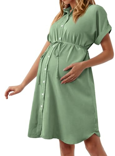 Vuncio Robe Chemise Femme avec Ceinture Boutonnée Devant Maternité Mini Robe Grossesse Ete Manche Courte Grande Taille Ample Enceinte Chic Pas Cher Shooting Photo (Vert, M)