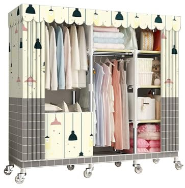 Kleiderständer auf Rollen Stabil mit Fächer Starke Tragfähigkeit Kleiderschrank Stoff mit Kleiderstange für Wohnheime und Wohnungen(Beige,143x45x170cm)