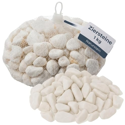 MIJOMA Ziersteine 1kg – natürliche Dekosteine für Garten, Aquarium, Basteln & Floristik, vielseitig einsetzbar aus echtem Naturstein (Weiß)