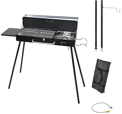 Parrilla De Gas Y Carbón 2 En 1, Parrilla De Barbacoa Plegable Portátil con Tubo De Aire, Poste De Luz Y Bolsa De Almacenamiento para Acampar Al Aire Libre, Patio Y Jardín