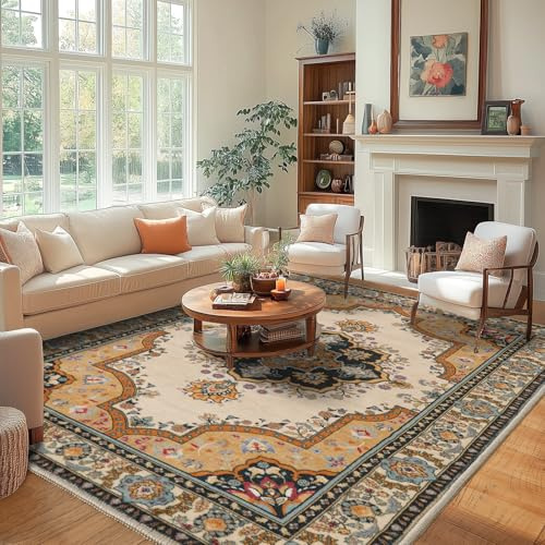 Tapis de salon, lavable, 140 x 200 cm, style bohème, fleurs, à poils courts, grand, pour salle à manger, chambre à coucher, bureau, lavable, antidérapant, design oriental, bleu jaunâtre