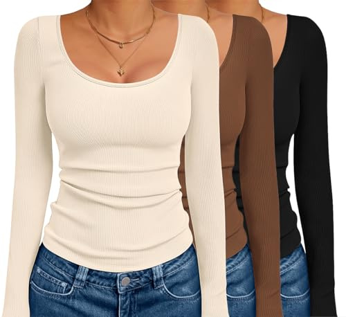 Ekouaer 3 Pack Long Sleeve Shirts for Women Scoop Neck Ribbed Thermal Tops Slim Fit Basic Undershirts Black/Brown/Beige XL