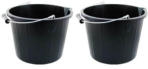 M1SS 2 Pcs Black Builders Bucket - Metal Handle 14 Liters | Plastic | Heavy Duty, Ideal For Home, Garden, and Other Work