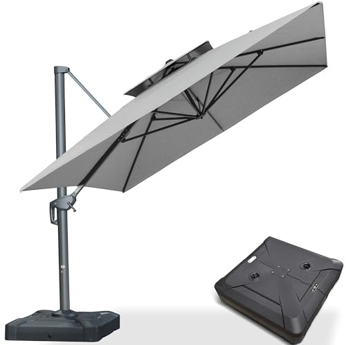 PURPLE LEAF Parasol Déporté 3 x 4 m Rectangulaire avec Pied, Parasol De Jardin Extérieur avec Double Toit Ventilé, Rotation 360° et Inclinaison Réglable, Anti-UV 50+, Pour Terrasse, Gris clair