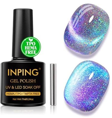 INPING Semi Permanent TPO-FREE kameleont kattöga gel 7 ml | Lila blå kameleont kattögongel med magnetisk pinne, soak off UV/LED nagellack för DIY nagelkonst vardagsrum
