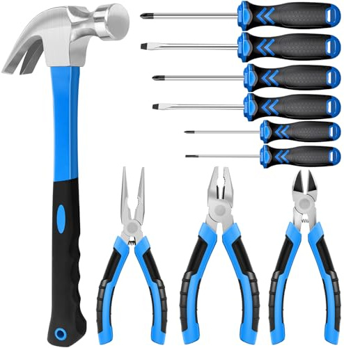 Kit de Tournevis et Pinces Tournevis Cruciformes et Plats 3/5/6MM, 3 Types de Pinces Multiprise Marteau à Griffes Kit d'Outils pour l'Installation et la Réparation Quotidiennes