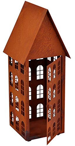 Gartendeko Haus hoch Laterne Gartenlicht zum Stellen Metall Rost Deko (27x27x80 cm)