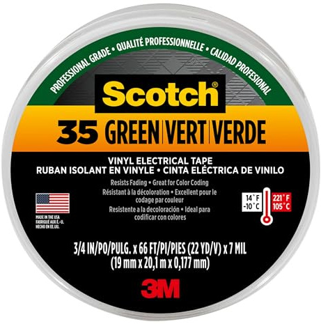 3M Scotch 35 Vinyl Electrical Color Coding Tape, 3 Core, 0.75 X 66 Ft, Green