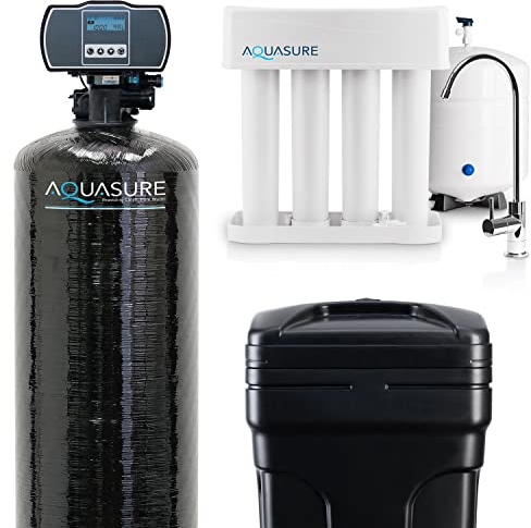 Aquasure 64,000 Grains Whole House Water Filter Bundle with Automatic Digital Metered Control Softener and 75 GPD RO Reverse Osmosis Drinking System | Removes Hardness | Ideal for 4-6+ bathrooms