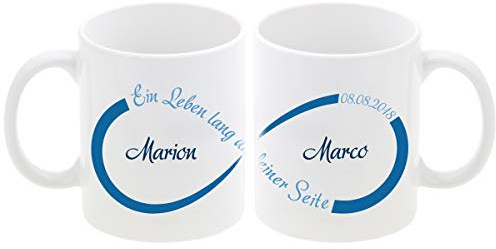 Tassen Set – Unendlichkeit mit Personalisierung und blauem Aufdruck: personalisierte Becher mit Namen und Datum bedruckt – Kaffeebecher für Paare zum Hochzeitstag l Jahrestag