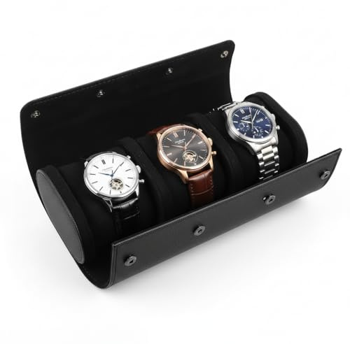 VILLCASE 3 Slot Watch Travel Case, PU Leather Watch Roll Case with Removable Pillows, Portable Watches Storage Box Organizer for Men and Women (Black)