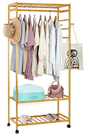 Trintion Clothes Rail Bamboo Open Wardrobe Coat Rack Stand Garment Rack with Shelves Clothes Hanging Storage Organiser for Bedroom Hallway Living Room 168 x 41 x 78 cm