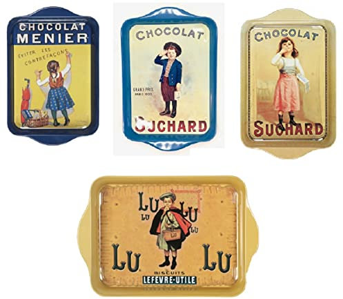po, 4 bandejas de metal de 14 x 21 cm Vintages, Menier Suchard y Lu