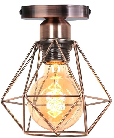 TOKIUS Deckenlampe 16CM Vintage Deckenleuchte im Industrial Design Retro E27 Lampe aus Eisen Geometrisch Käfig Pendelleuchte, Kupferrost (1 Stück)