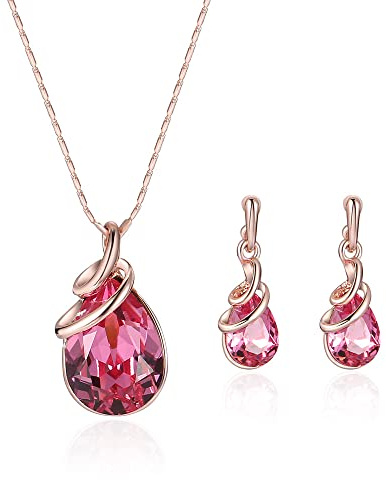 Set di Gioielli in oro rosa Parure Gioielli per Donna Ragazza Pendenti con strass Lacrima Collana e Orecchini Set Collana da sposa Festa Compleanno Anniversario Natale San Valentino Regali (Rosso)
