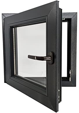 ECOPROF Kellerfenster | Langlebiges Kunststoff-Fenster | Maße 60x60 cm (600x600 mm) | Dreh-Kipp Fenster DIN Links | Farbe: Anthrazit (beidenseitig) | 70mm Profil