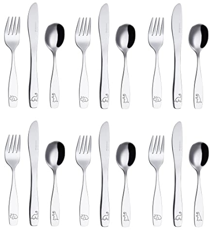 Exzact Couverts enfant en inox 18 Pièces: 6 x Fourchettes, 6 x Couteaux, 6 x Cuillères (Dinosaures x 18)