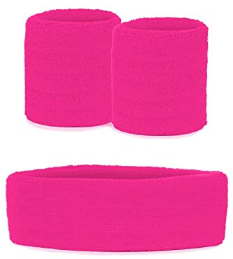krautwear Damen 80er Jahre Outfit Schweißbänder Stirnband Set Beinstulpen Handschuhe Leggings Trashpop Pink