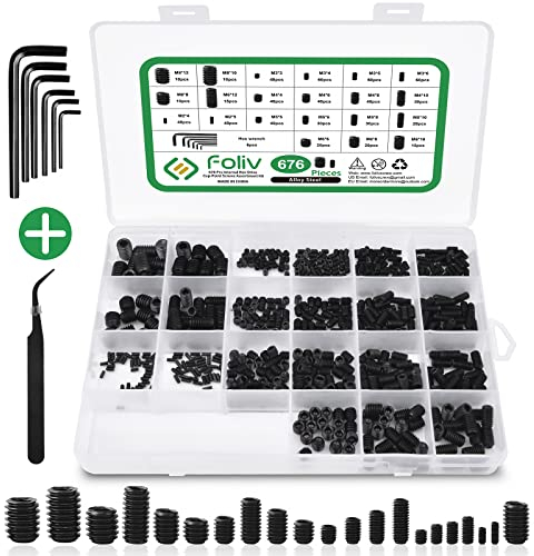 Foliv 676 Stück Madenschrauben Sortiment Set M2 M3 M4 M5 M6 M8 Madenschrauben/Innensechskant Gewindestifte DIN 913,Sechskantkopf Schrauben mit Schraubenschlüssel für Türgriff, Türklinke, Halterung